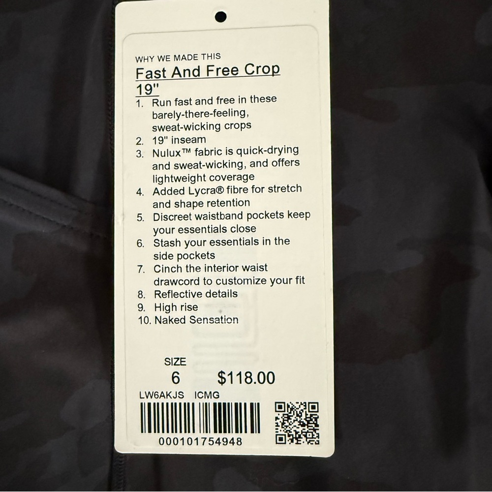 Lululemon Fast and Free Crop 19" Size 6 Incognito Camo Multi Grey - Picture 3 of 3